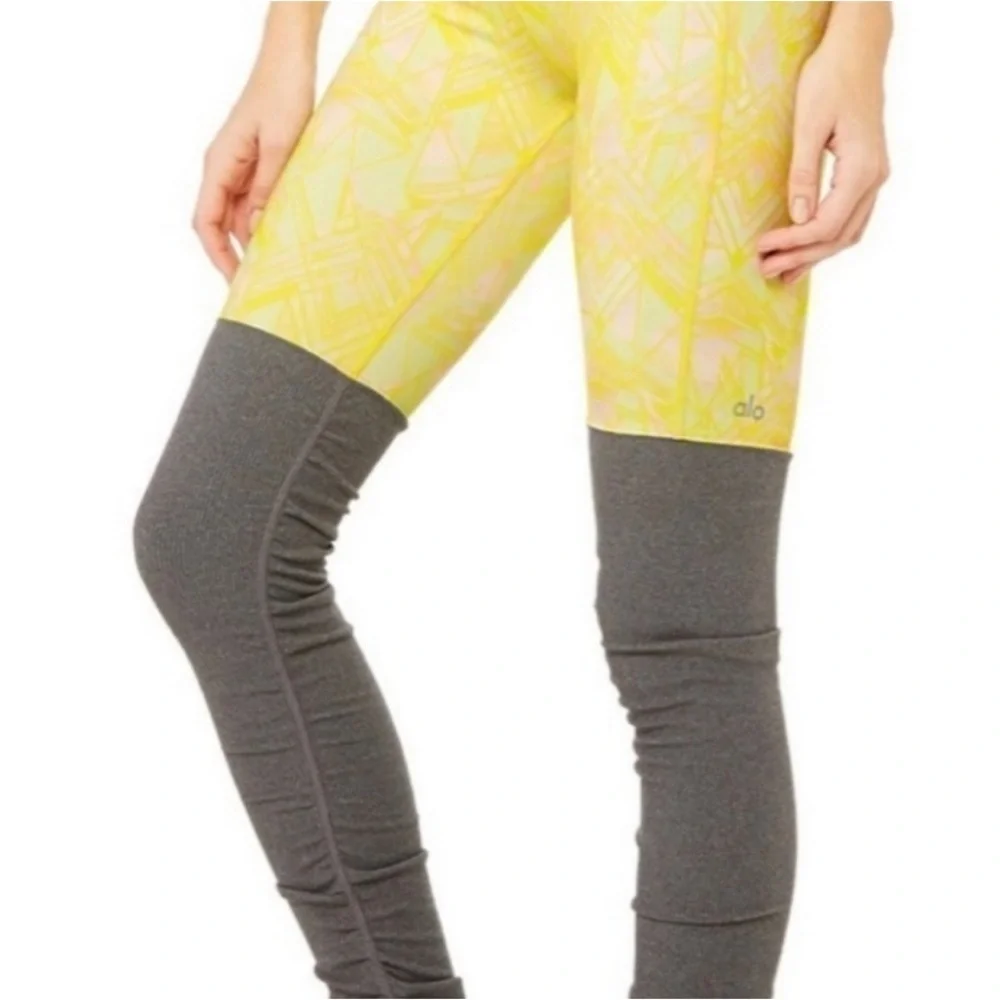 ALO Yoga Goddess Indio Zest High Waist Leggings Yellow Geometric & Gray Ribbed